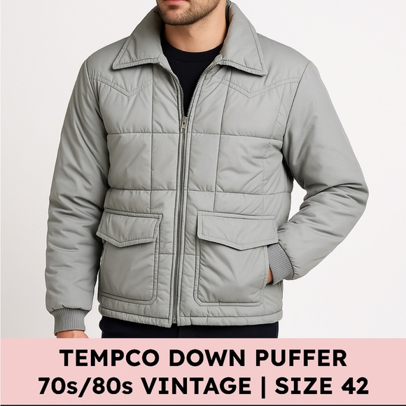 Tempco Goose Down Puffer Jacket Vintage 70s 80s Quilted Western Gray Size 42 - Picture 1 of 11